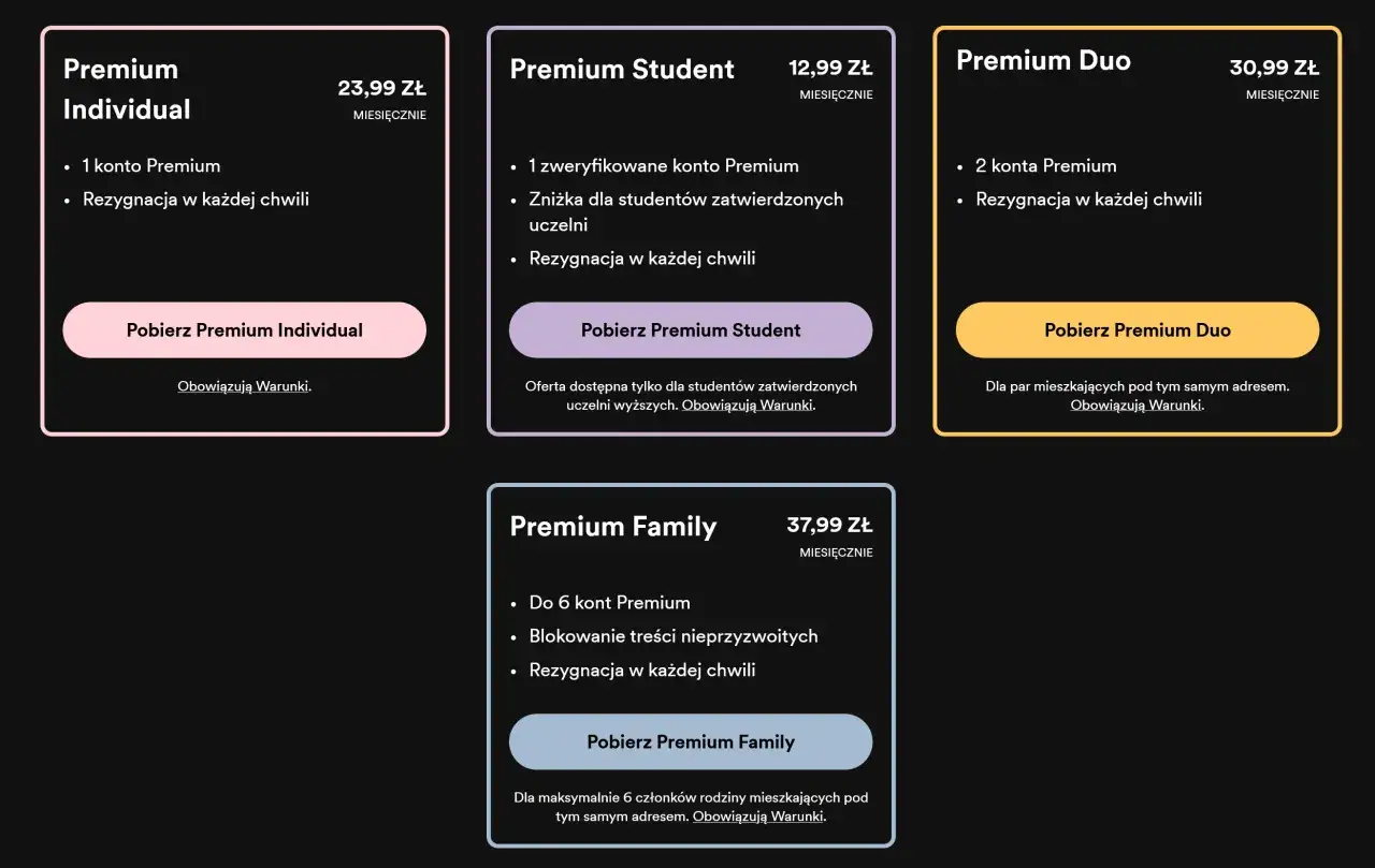 Sprawdź, ile kosztuje Spotify Premium: Individual 23,99 zł, Student 12,99 zł, Duo 30,99 zł, Family 37,99 zł miesięcznie.